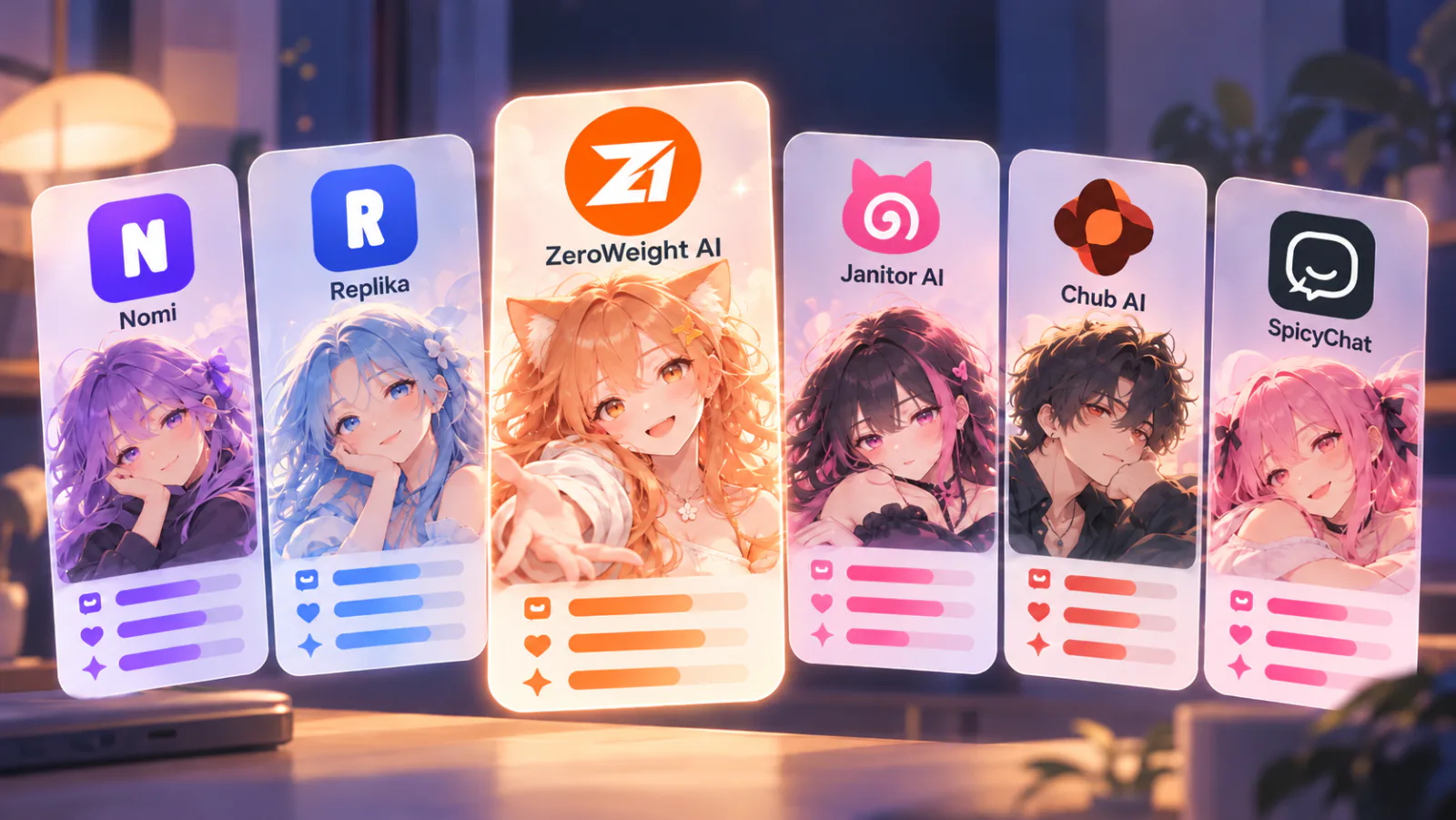 Row of AI companion app cards, an animated anime character highlighted in the centre