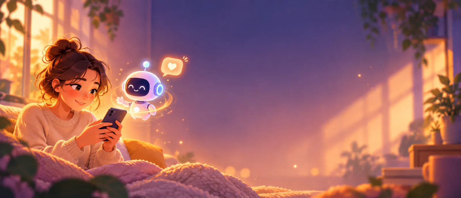 Person smiling while an animated AI character talks from their screen
