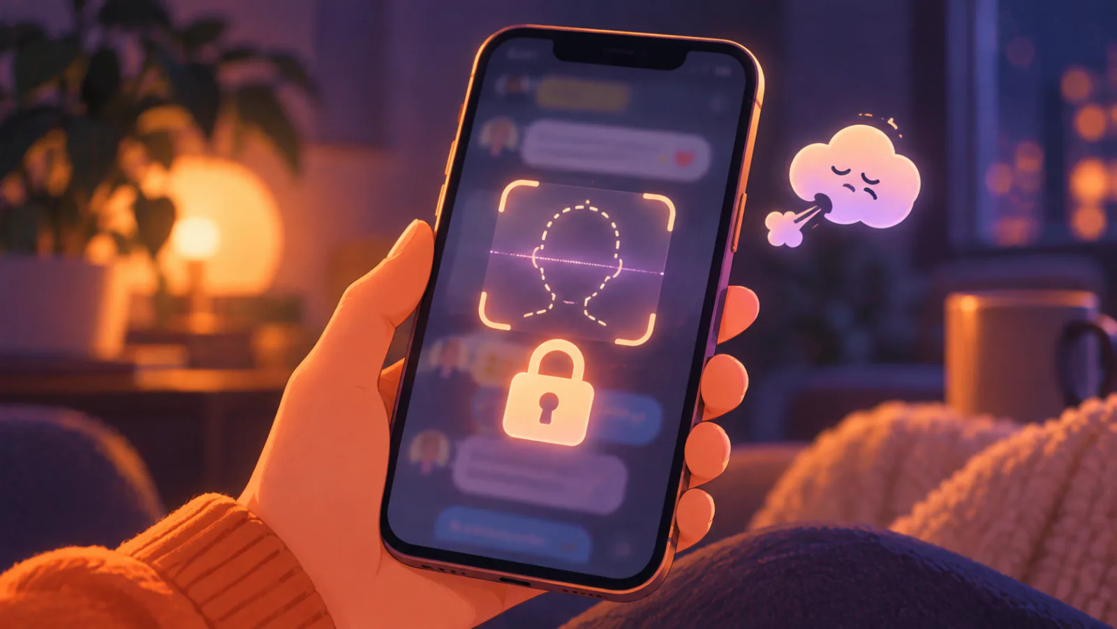 Smartphone showing a face-scan screen with a padlock over a chat