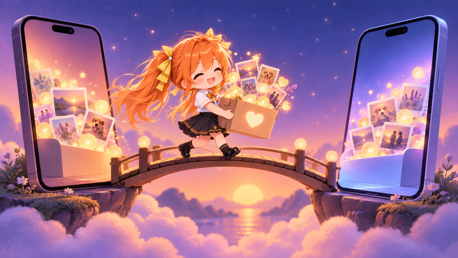 Friendly anime AI character carrying a moving box between two phones
