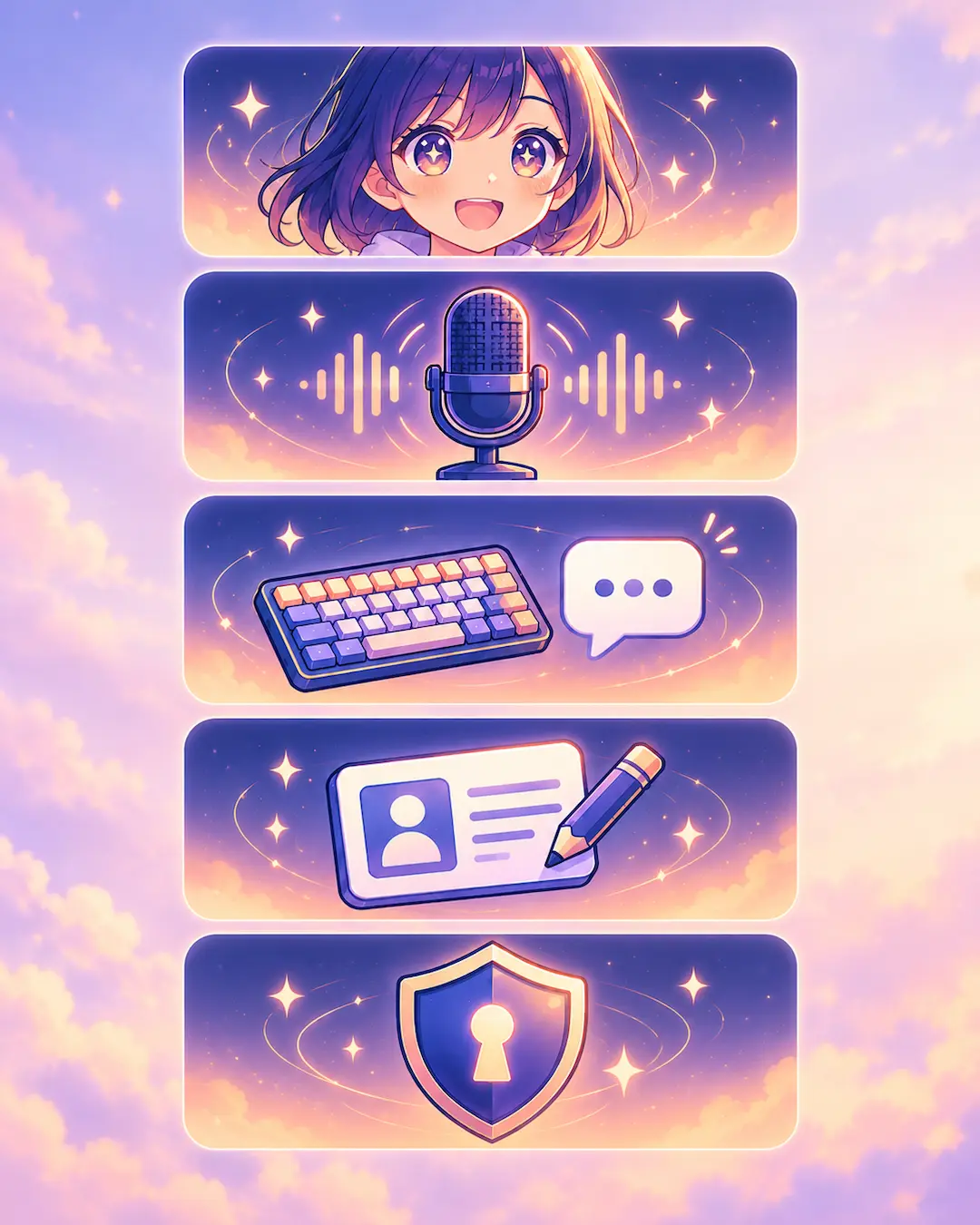 Five icons: animated face, real-time voice, chat modes, personality editing, privacy