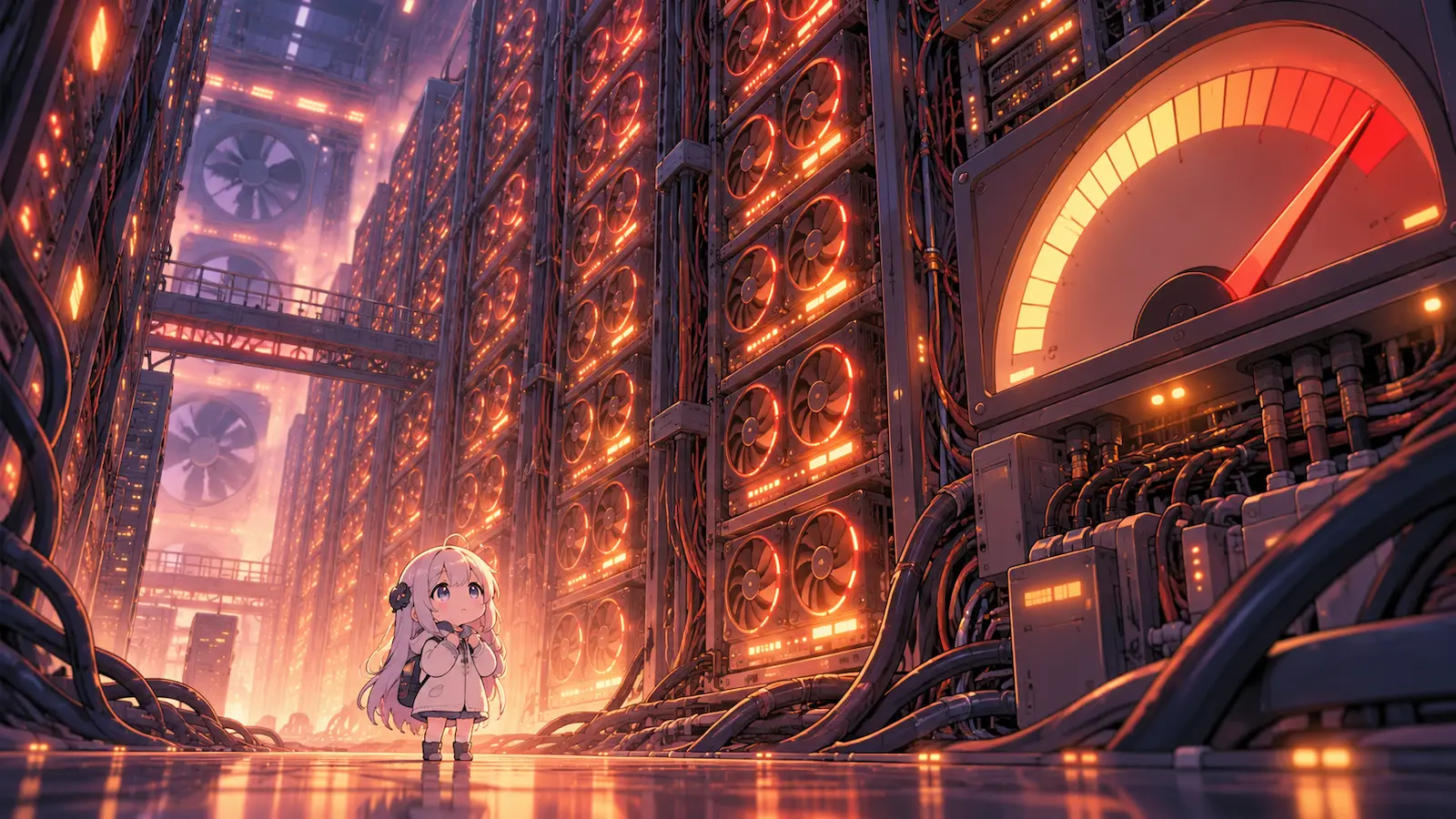 Large glowing server racks behind a small anime character, showing heavy compute cost