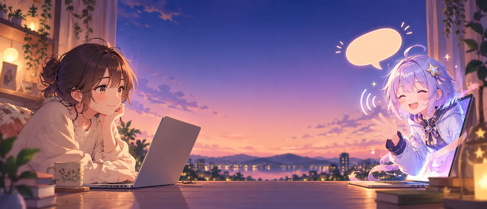 Person smiling at a laptop while an anime character waves from the screen