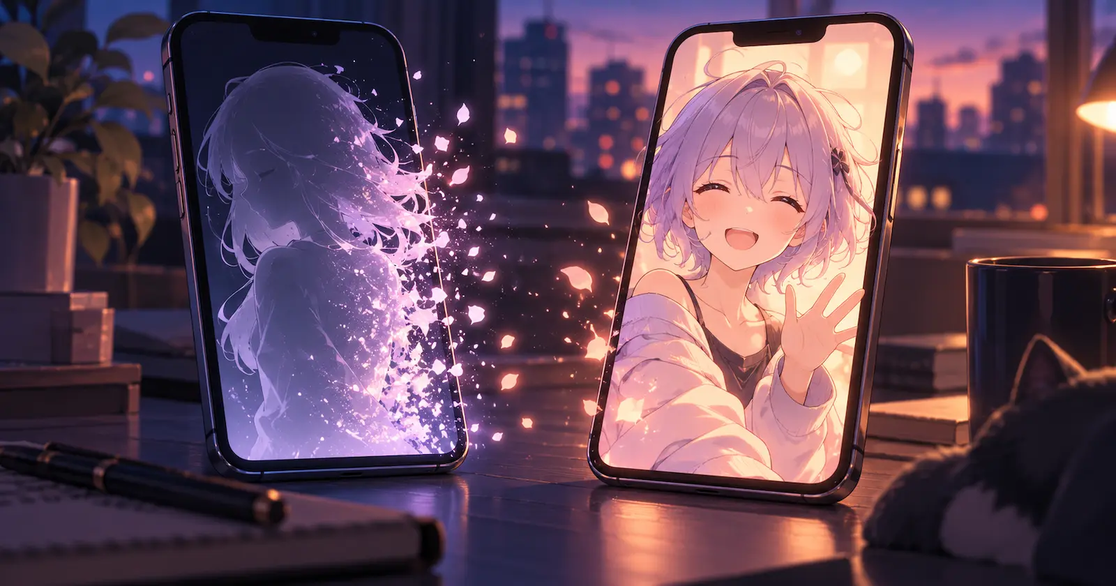 Anime companion fading from one phone while another lights up