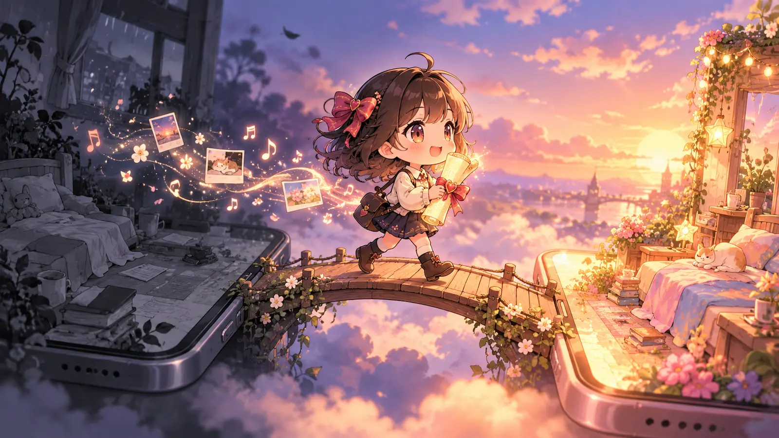 Anime character carrying a glowing scroll tied with a heart from one phone to another