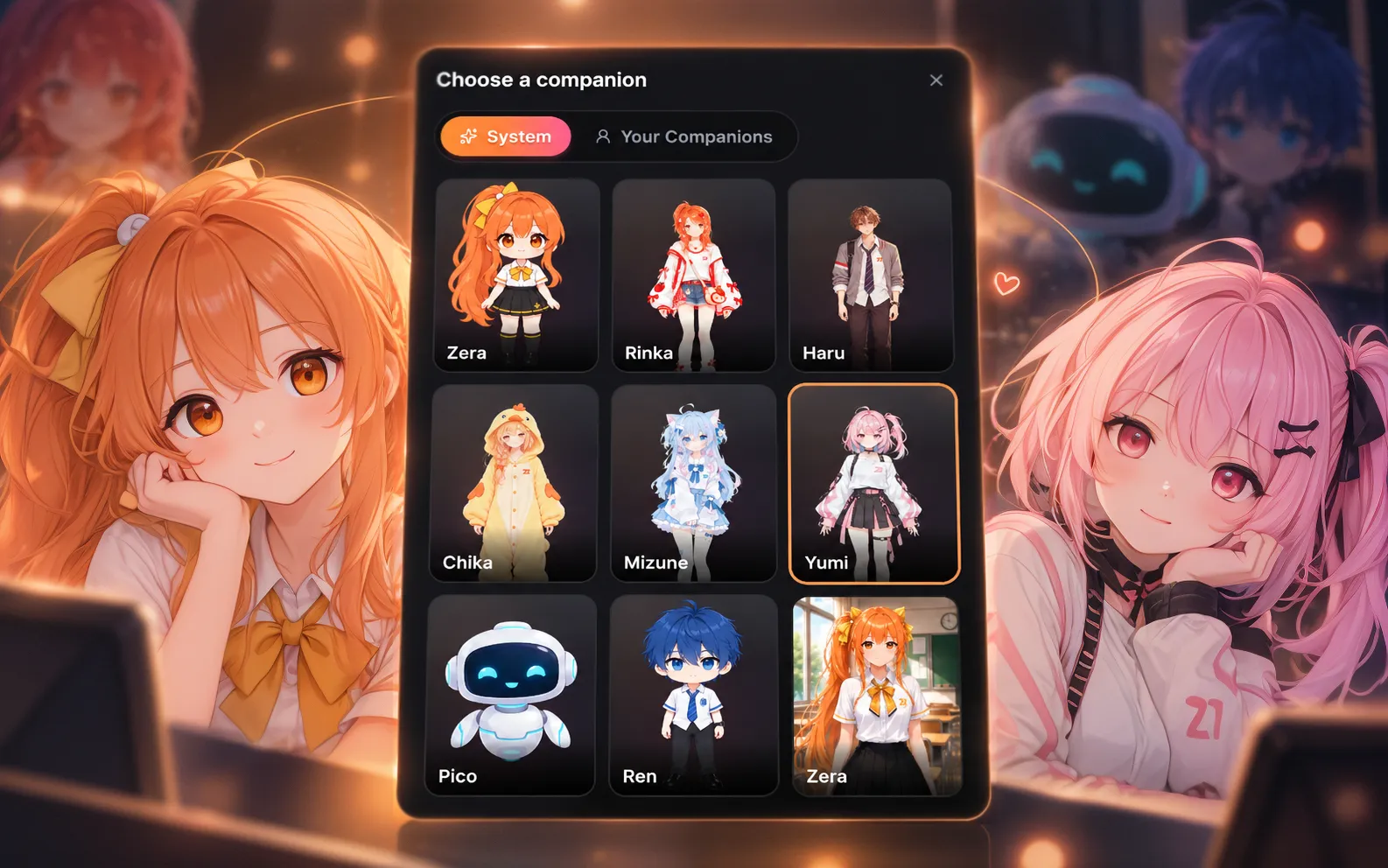 The Waifu Agent companion picker showing Zera, Rinka, Haru, Chika, Mizune, Yumi, Pico and Ren