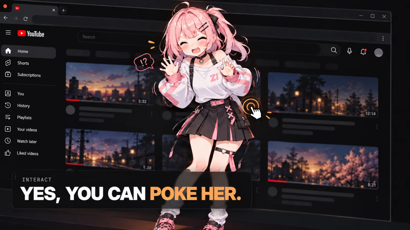 Poking the Waifu Agent companion avatar standing on a YouTube page and watching her react