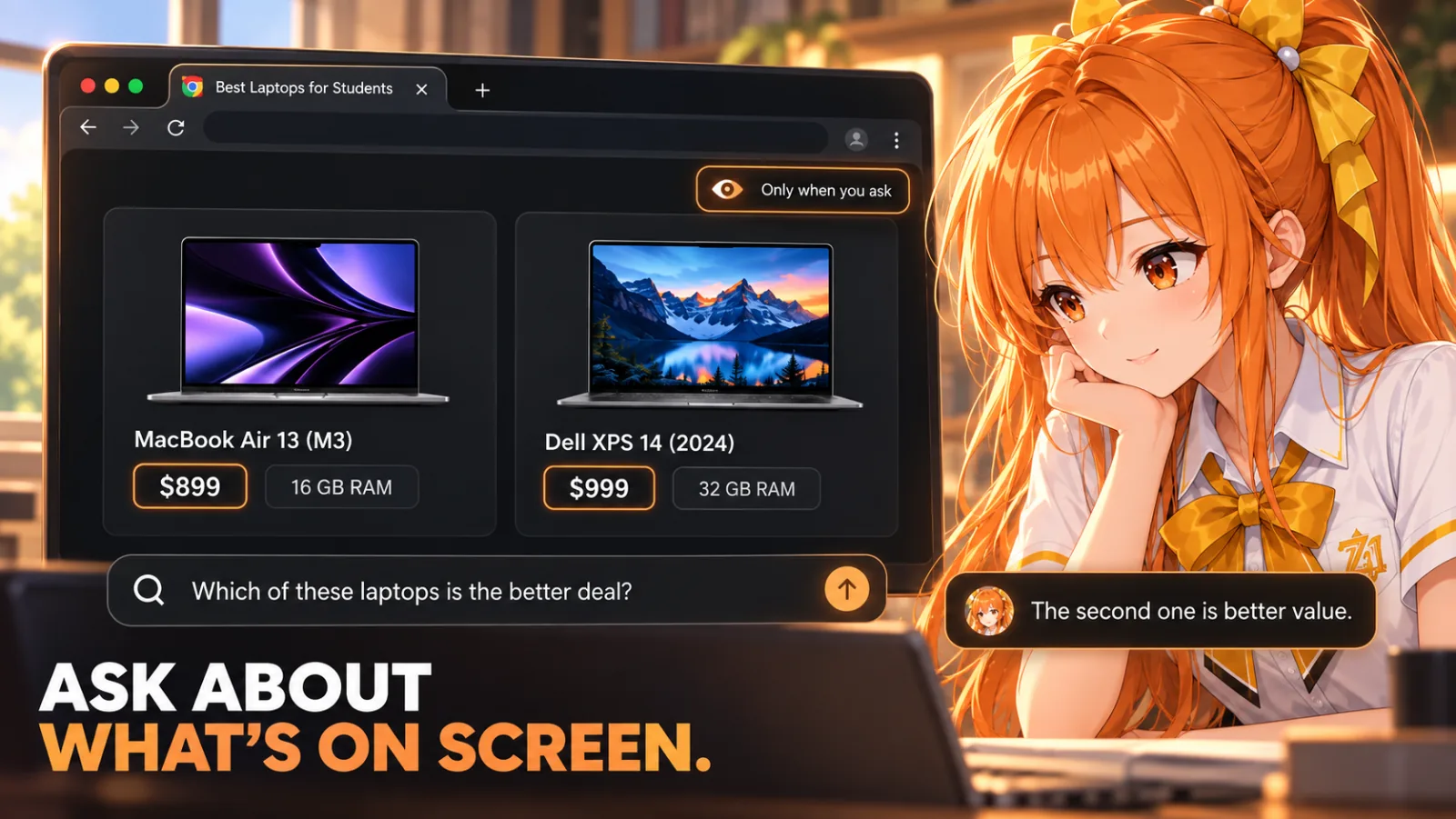 Asking Waifu Agent which of two laptops on the open page is the better deal, and her answering that the second one is better value