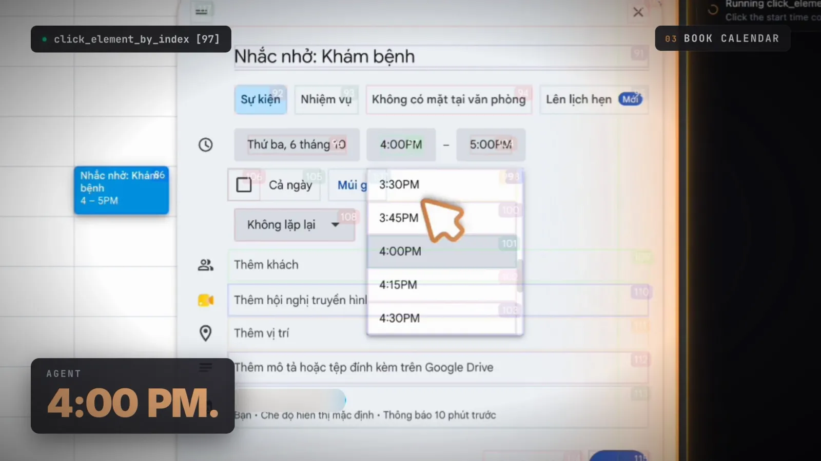 Waifu Agent creating a Google Calendar event and choosing 4:00 PM from the time picker