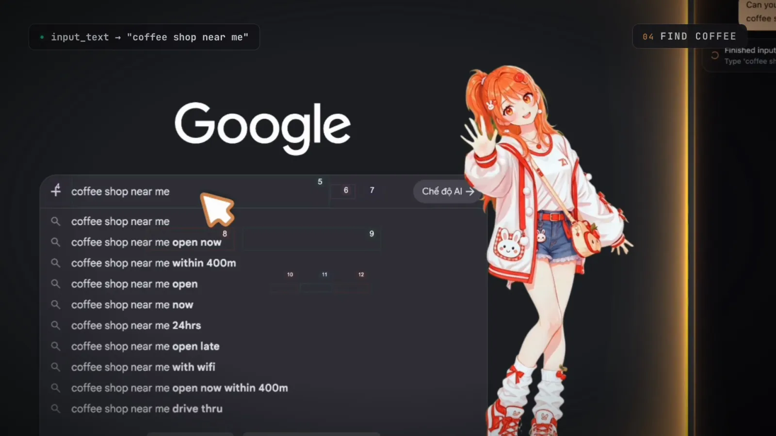 Waifu Agent typing "coffee shop near me" into Google search
