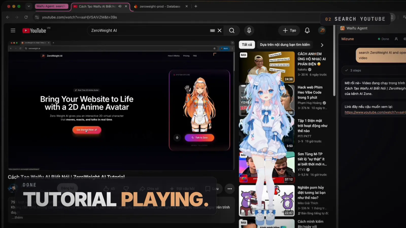 Waifu Agent searching YouTube for ZeroWeight AI and playing a tutorial video