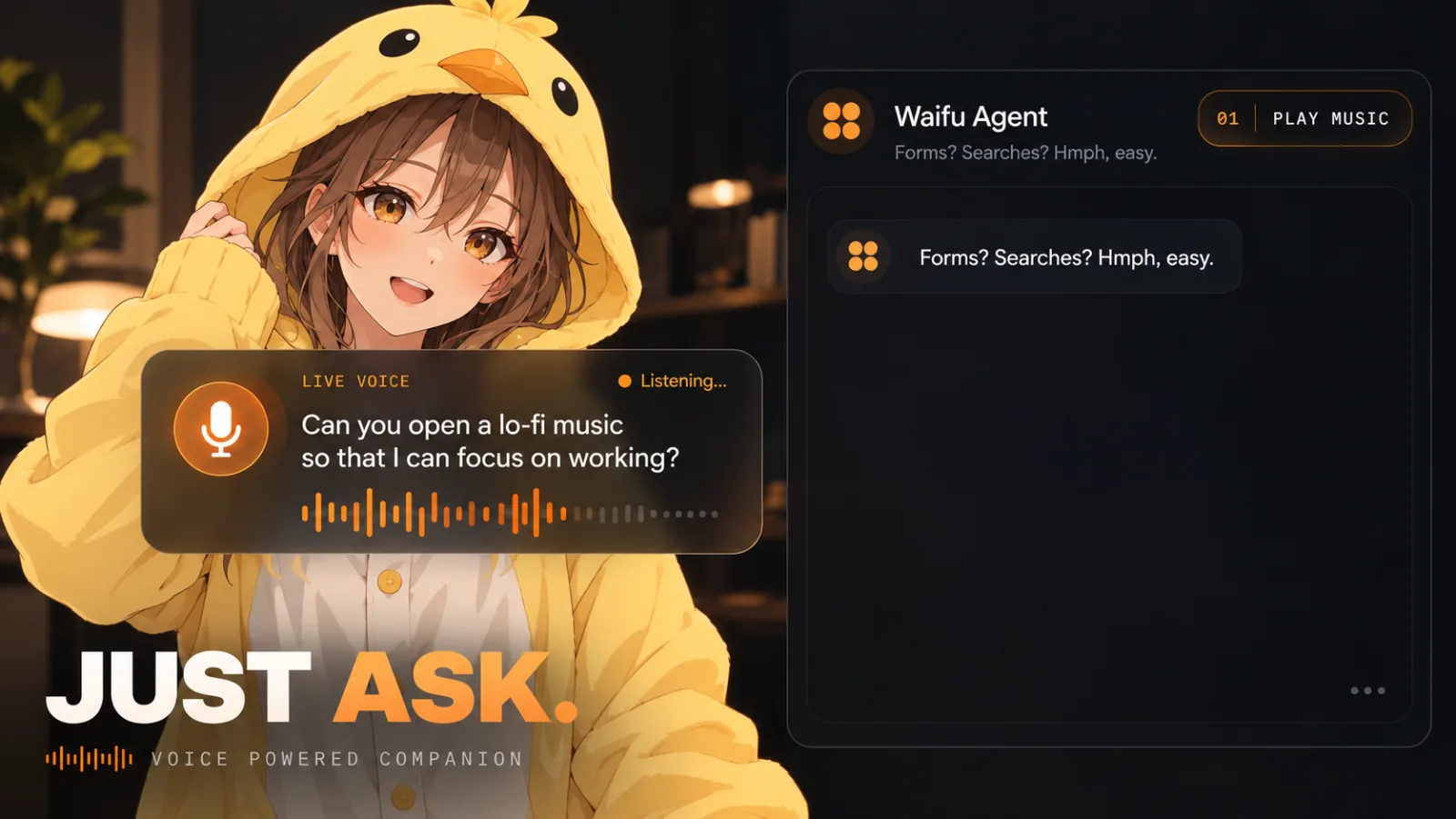 Live voice request asking Waifu Agent to open lo-fi music, with an anime companion in a chick hoodie beside the side panel